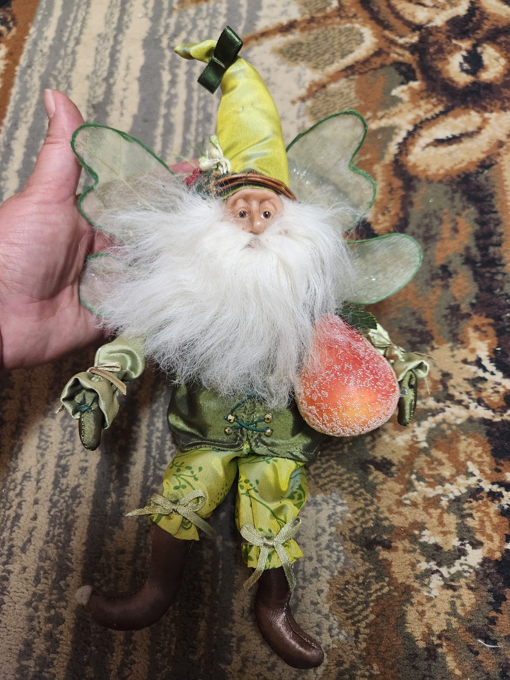 Green Fairy Elf Doll with White Beard and Peach Accent